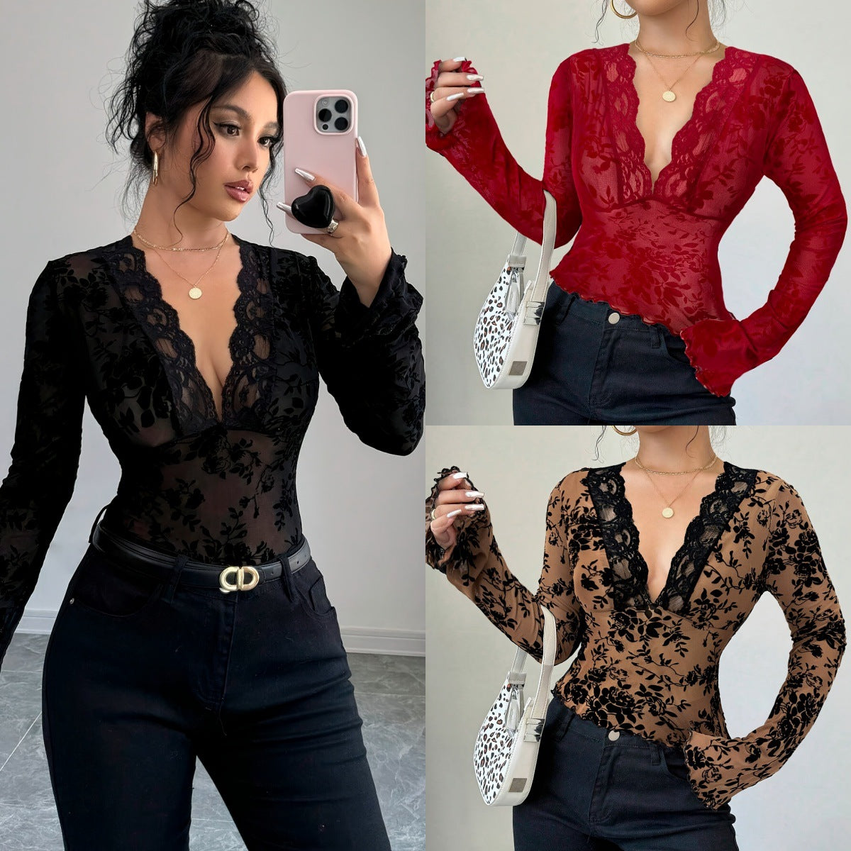 Spring 2025 new women's V-neck lace mesh horn sleeve T-shirt top women