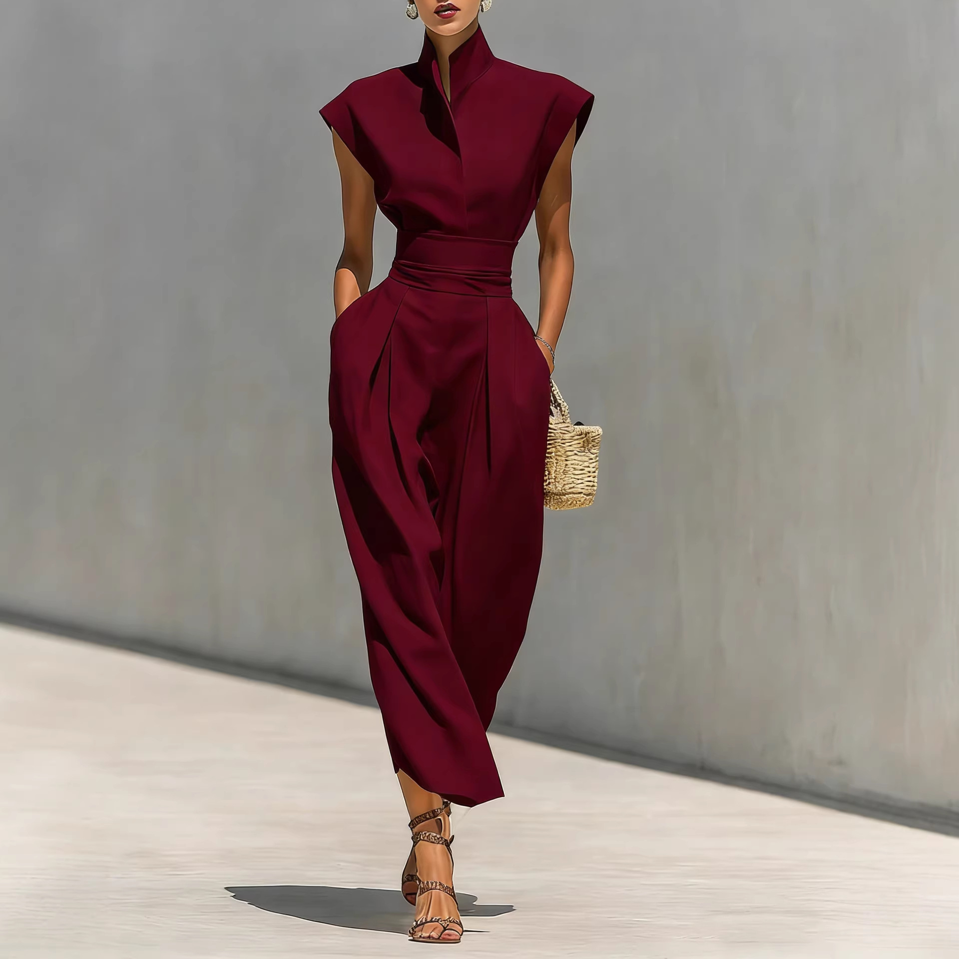  Sleeveless High-Neck Linen-Blend Two-Piece Set
