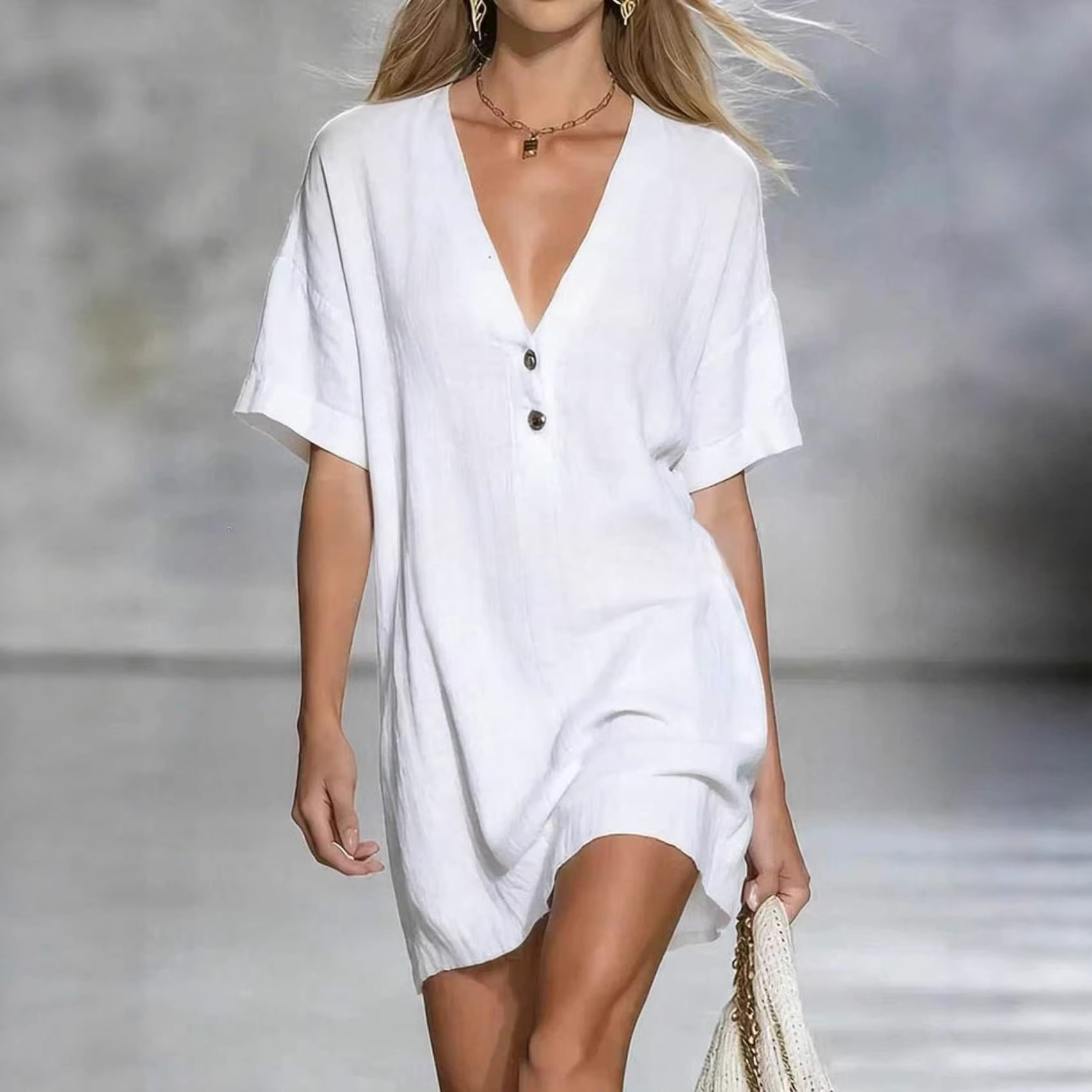 🌿 Effortless Chic Linen-Blend V-Neck Shirt Dress