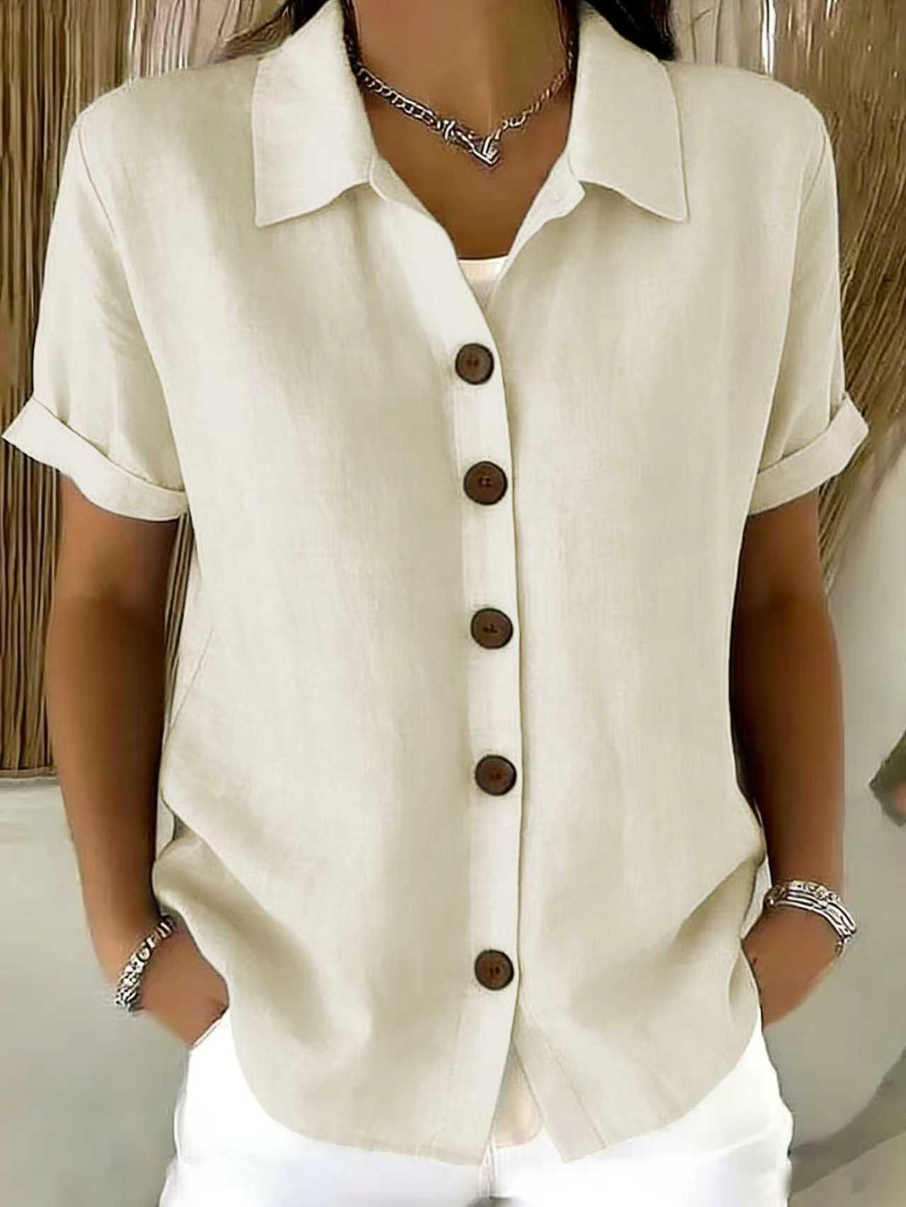 Women's Turn-Down Collar Short Sleeve Linen Shirt
