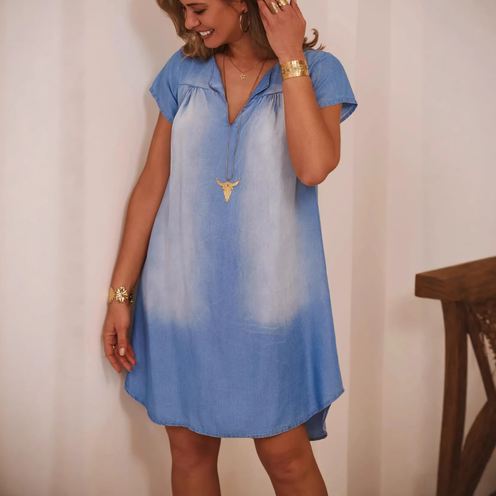 Cross-Border 2026 Summer New European And American Amazon Independent Station Women'S Stand-Up Collar Short-Sleeved Loose And Comfortable Denim Dress