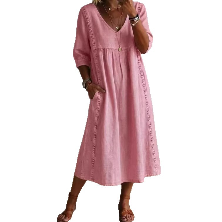 Elegant Linen-Blend V-Neck Midi Dress with Lace Inserts & Pockets | Casual Summer Dress for Women
