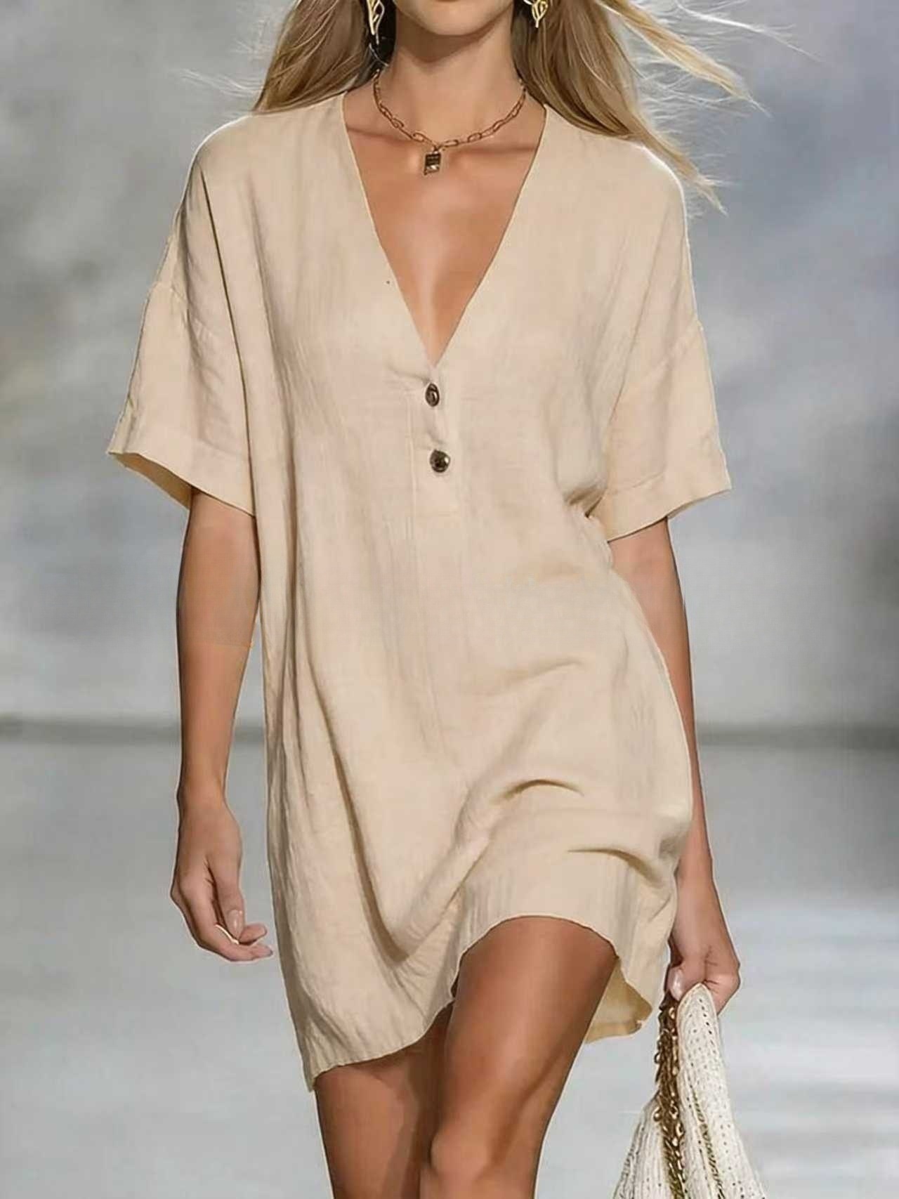🌿 Effortless Chic Linen-Blend V-Neck Shirt Dress