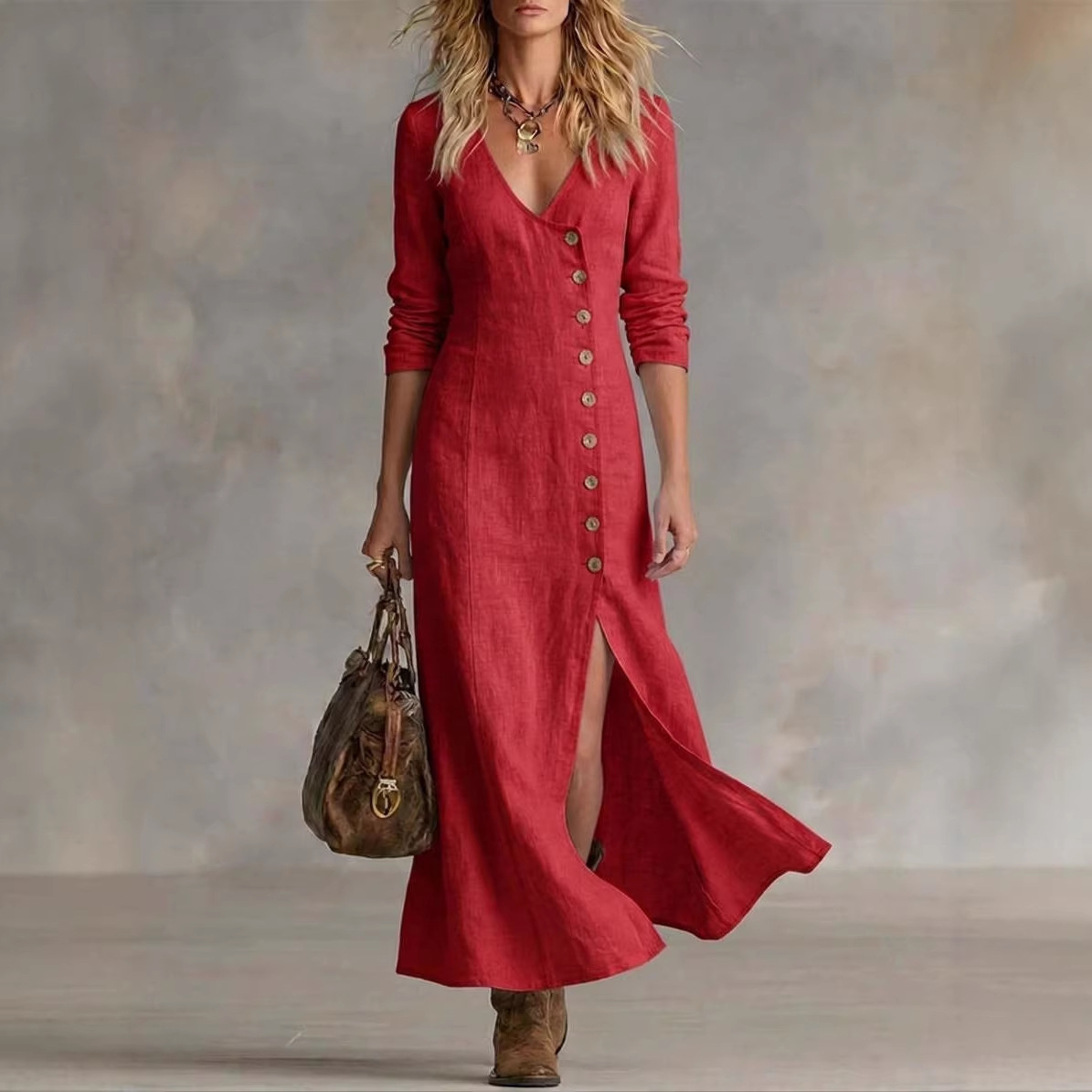  Long Multi-Button Fashion Cotton And Linen Dresses
