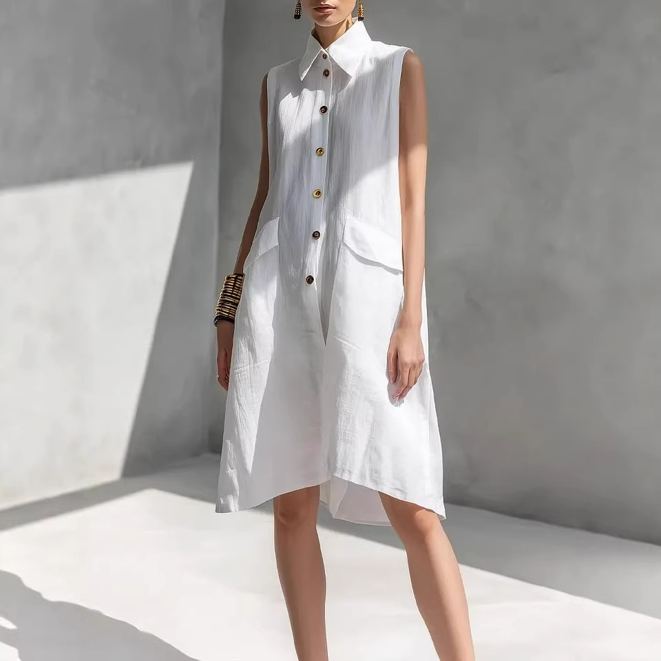 2026 Cross-Border Amazon European And American New Summer Solid Color Lapel Sleeveless Casual Loose Cotton Linen Dress