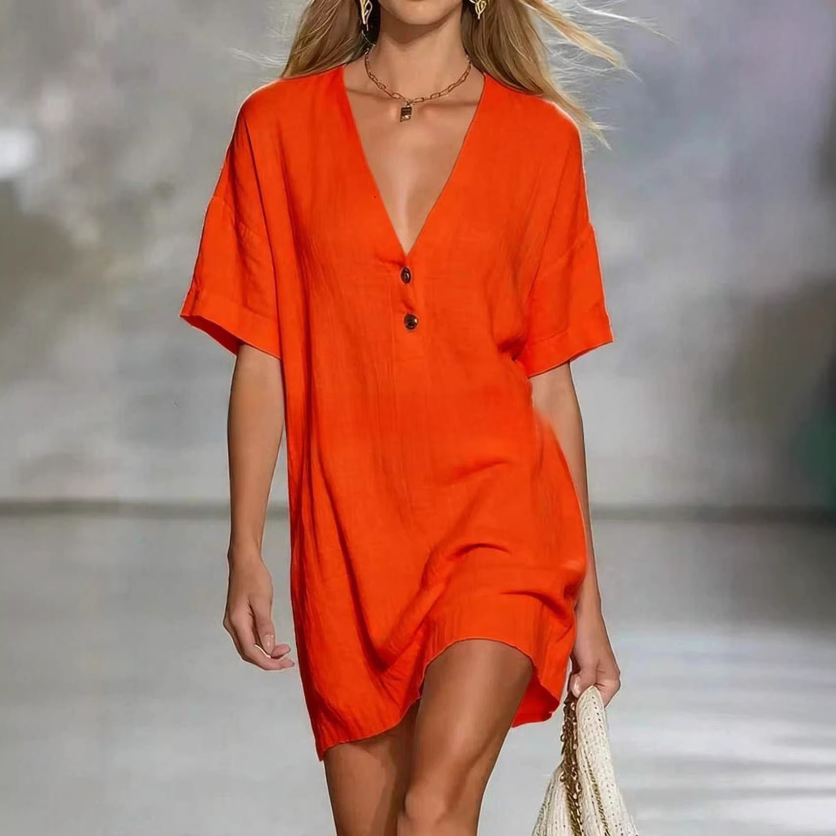 🌿 Effortless Chic Linen-Blend V-Neck Shirt Dress