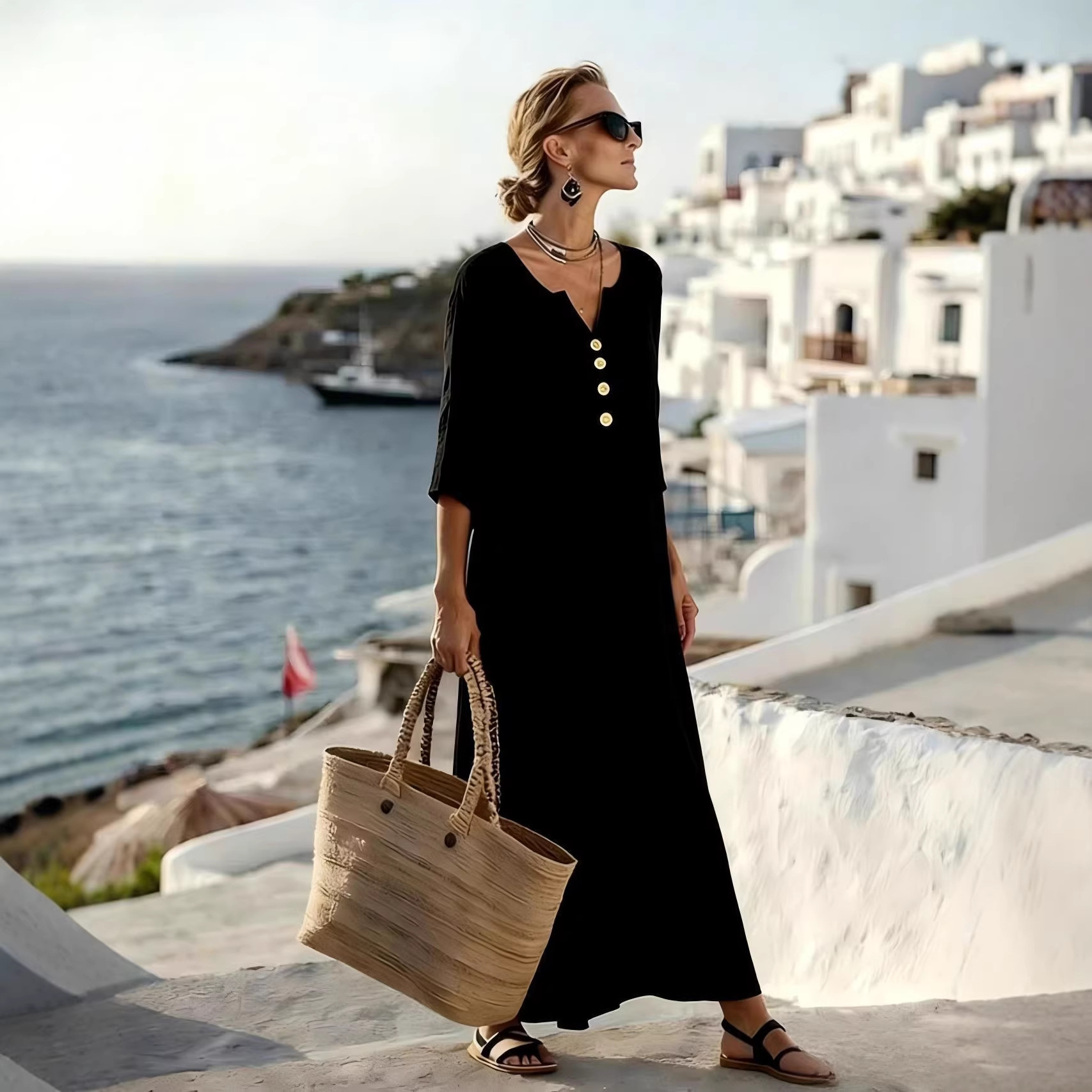 Casual Linen Blend V-Neck Maxi Dress