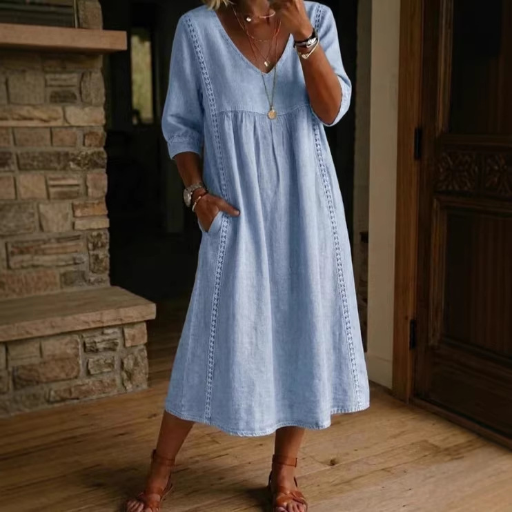 Elegant Linen-Blend V-Neck Midi Dress with Lace Inserts & Pockets | Casual Summer Dress for Women