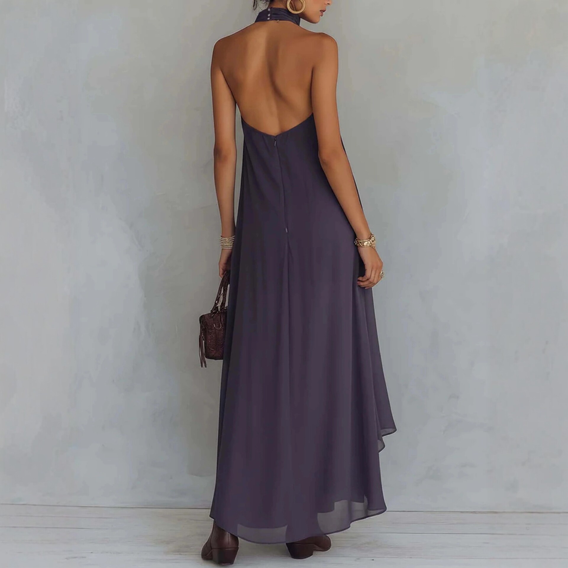  Boho Embroidered High-Low Halter Maxi Dress
