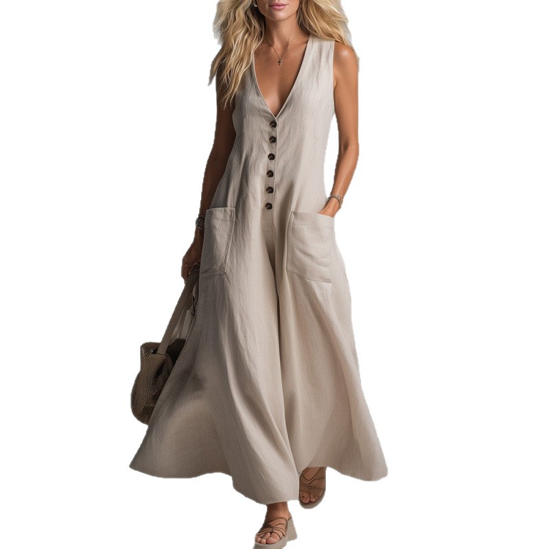 2026 Spring And Summer New European And American Cross-Border Amazon Independent Station Patch Pocket Deep V-Neck Solid Color Casual Dress