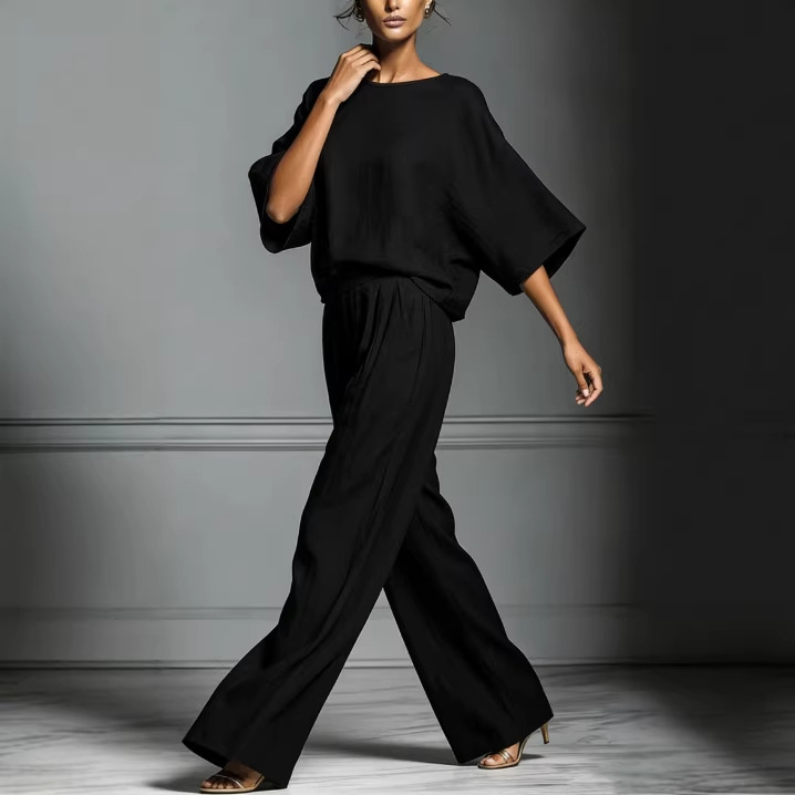 Linen Blend Batwing Sleeve Two-Piece Set