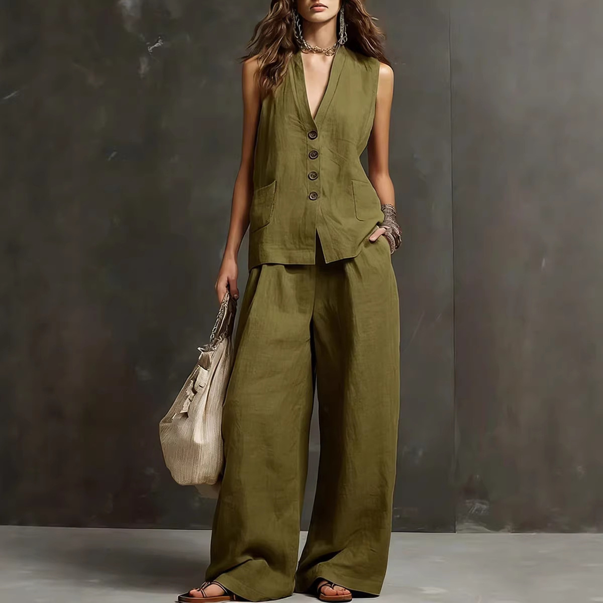 2026 Amazon Cross-Border Independent Station European And American Spring And Summer New Casual Commuting Solid Color Sleeveless Tops Wide-Leg Pants Covers