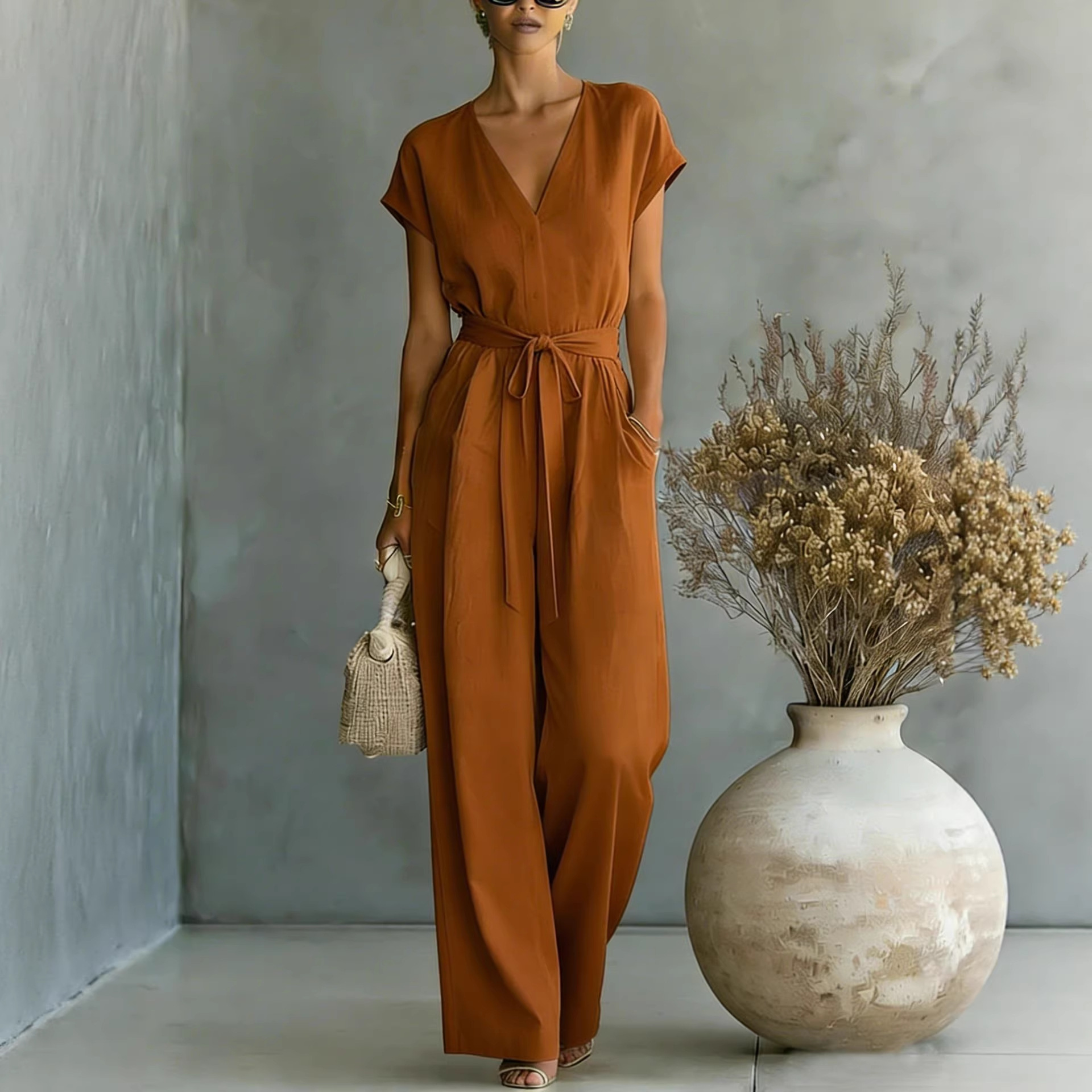 Elegant V-Neck Belted Jumpsuit for Women - Casual & Chic One-Piece Outfit for Everyday & Occasion Wear