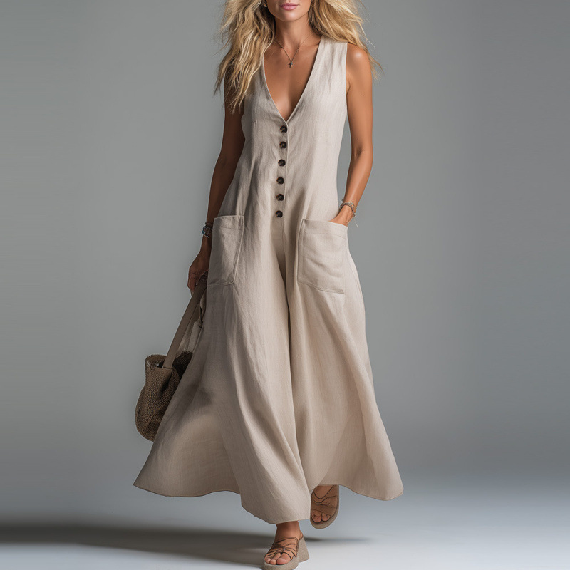 2026 Spring And Summer New European And American Cross-Border Amazon Independent Station Patch Pocket Deep V-Neck Solid Color Casual Dress