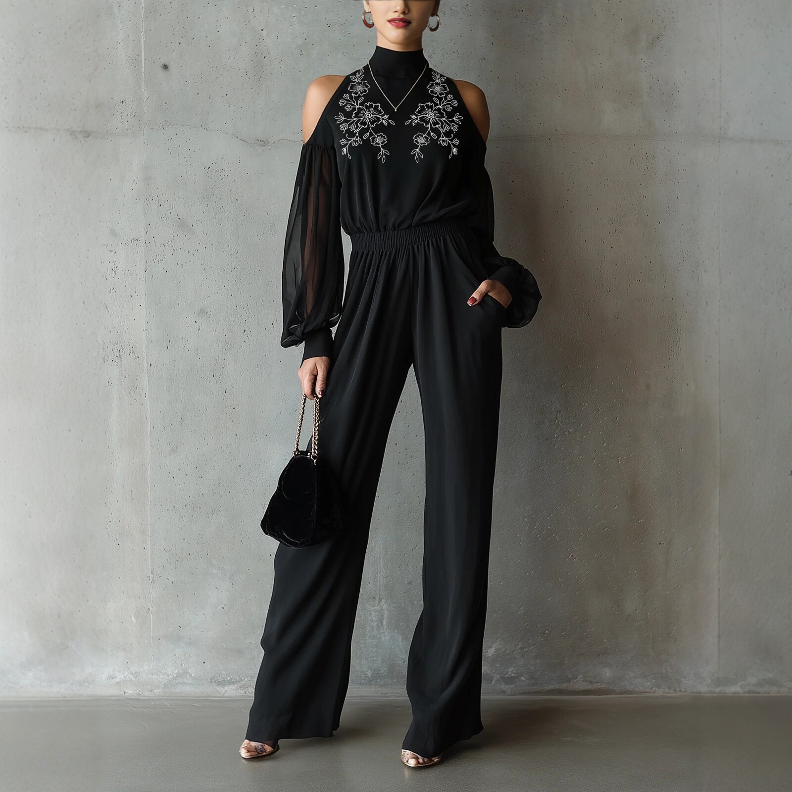 Black Embroidered Jumpsuit Women'S Long-Sleeved Wide-Leg Pants Elegant Temperament Cold Shoulder Jumpsuit Jumpsuit