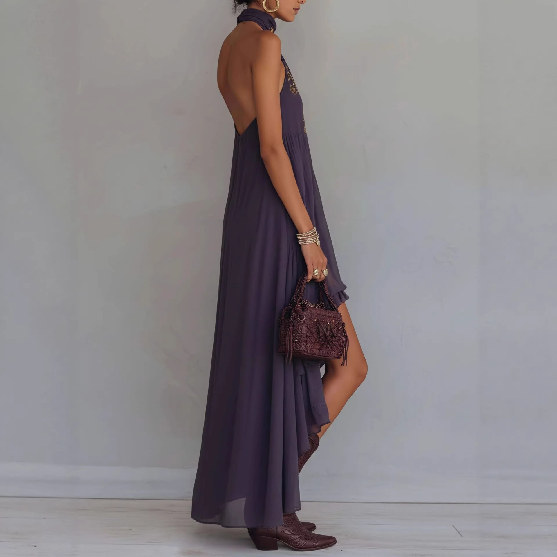  Boho Embroidered High-Low Halter Maxi Dress