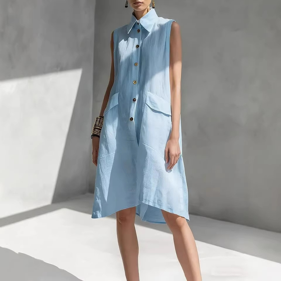 2026 Cross-Border Amazon European And American New Summer Solid Color Lapel Sleeveless Casual Loose Cotton Linen Dress