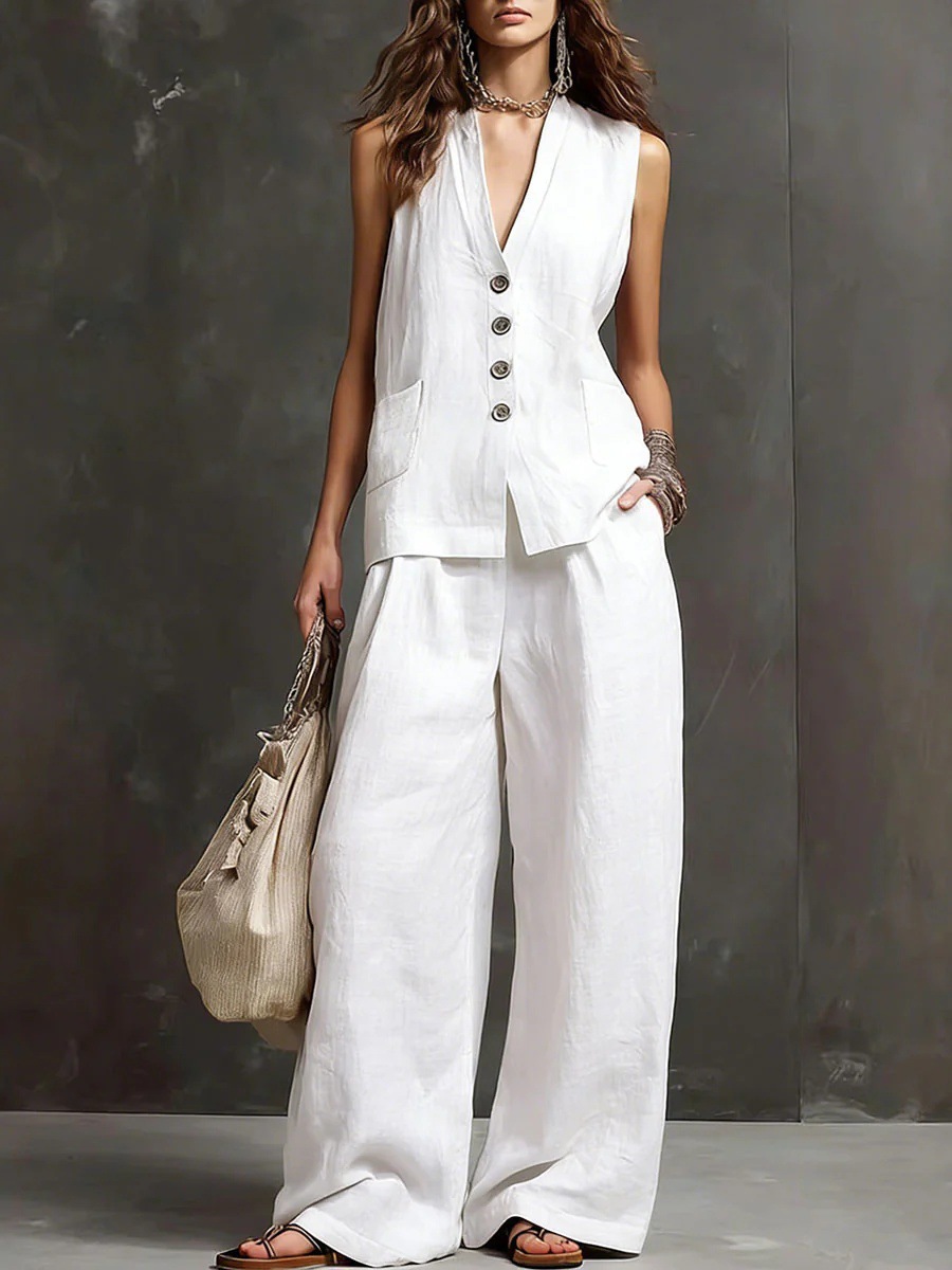 2026 Amazon Cross-Border Independent Station European And American Spring And Summer New Casual Commuting Solid Color Sleeveless Tops Wide-Leg Pants Covers