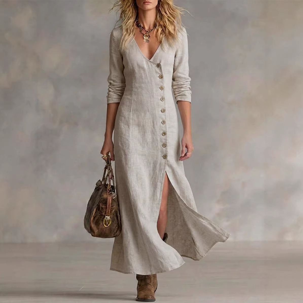 Long Multi-Button Fashion Cotton And Linen Dresses