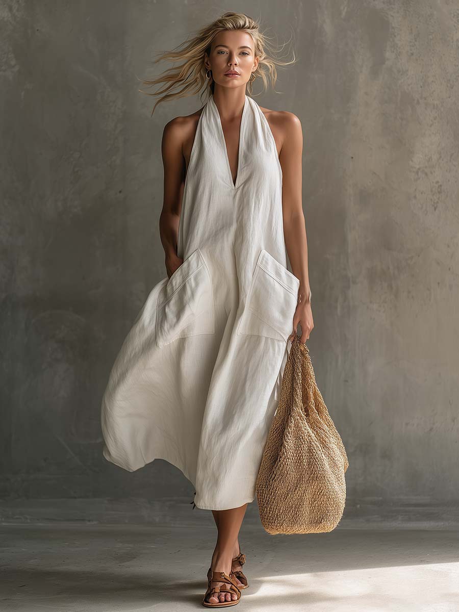 2026 New Women'S Casual Retro Vacation V-Neck Patch Pocket Suspender Linen Mid-Length Skirt Retro Vacation