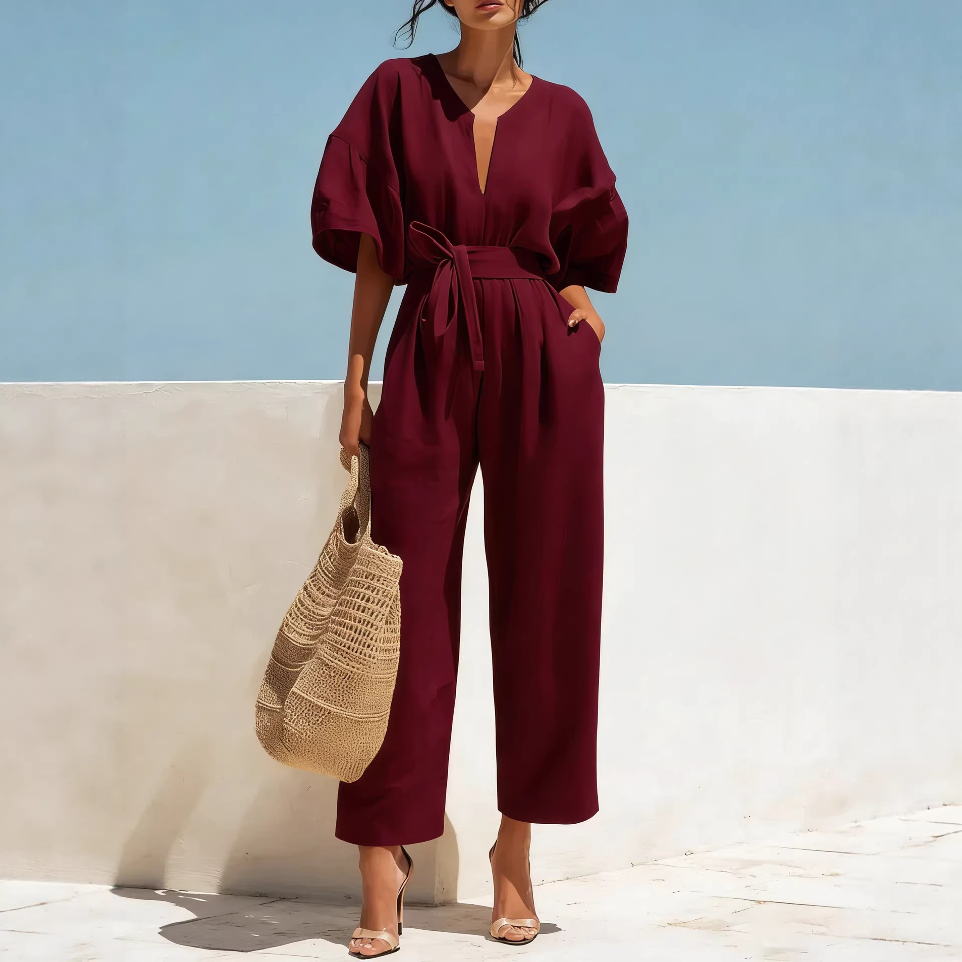 2026 European And American Amazon Cross-Border Independent Station Summer New Elegant And Fashionable V-Neck Solid Color Cotton And Linen Jumpsuit For Women
