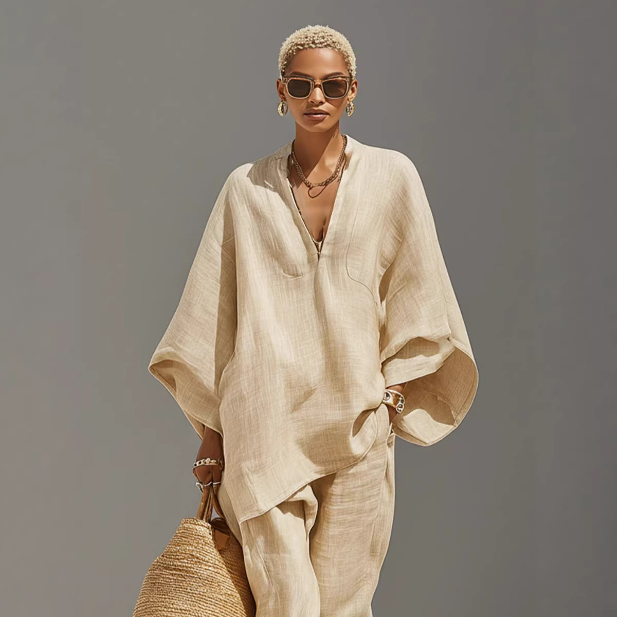 2026 Cross-Border European And American Spring And Summer Fashion Women'S Casual Style Design Bat Sleeves V-Neck Lazy Loose Suit