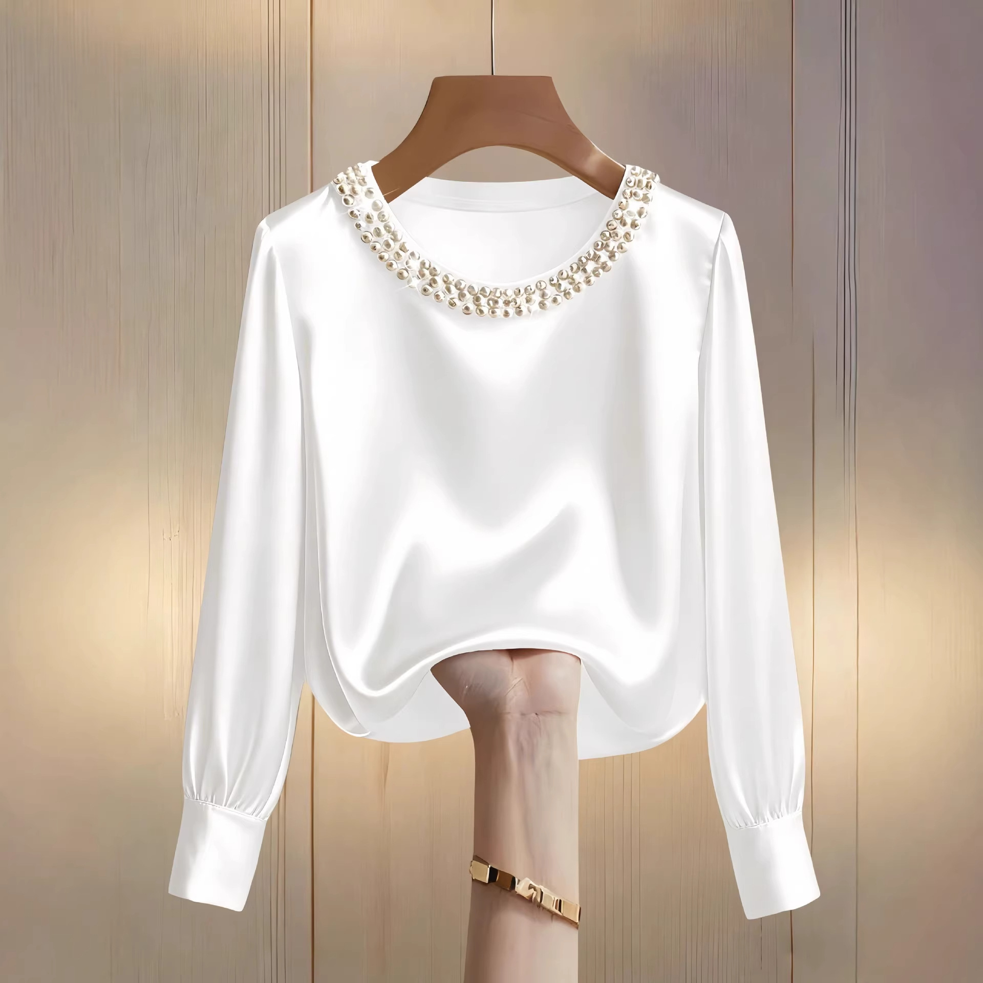 womens luxe satin pearl collar blouse fitting long 
