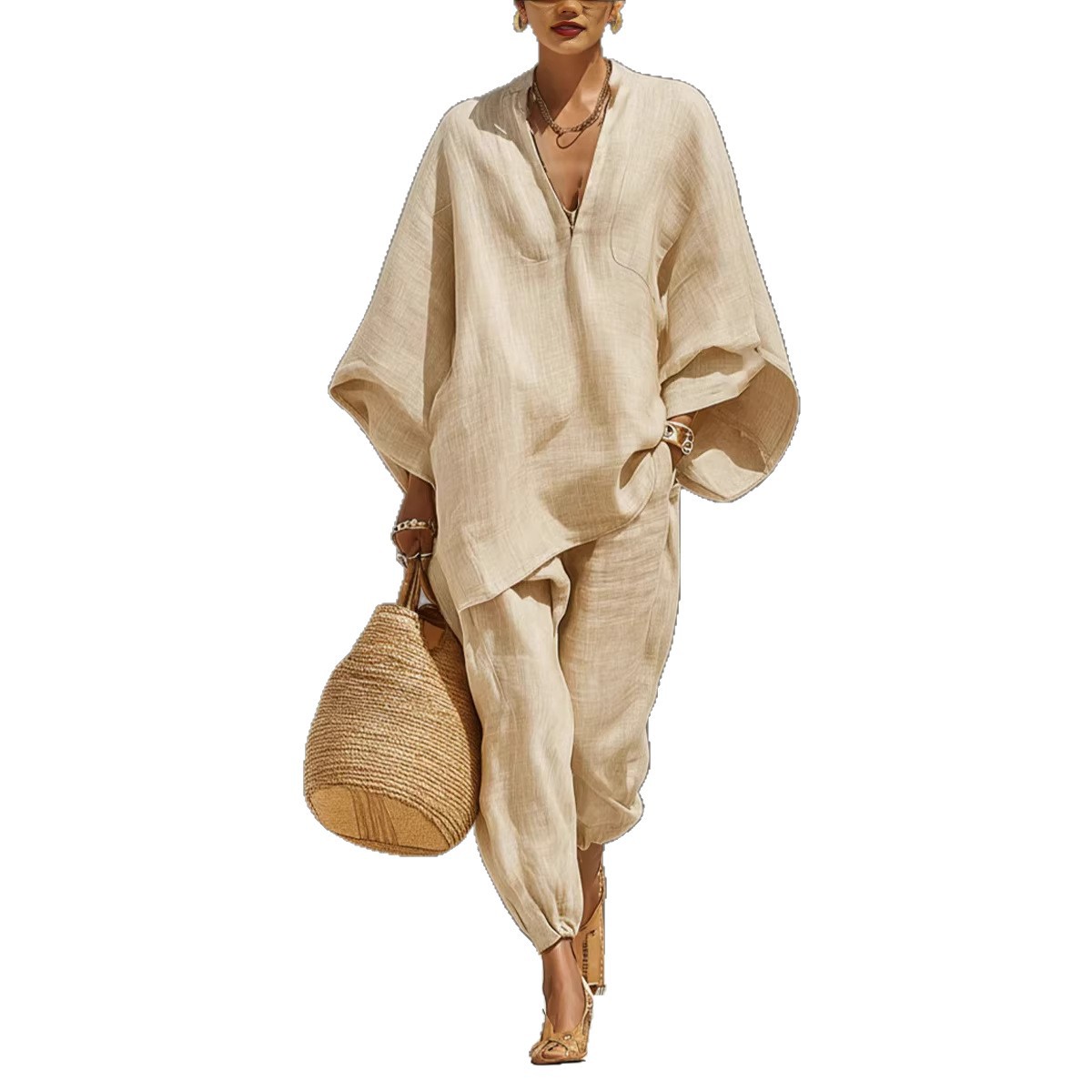 2026 Cross-Border European And American Spring And Summer Fashion Women'S Casual Style Design Bat Sleeves V-Neck Lazy Loose Suit