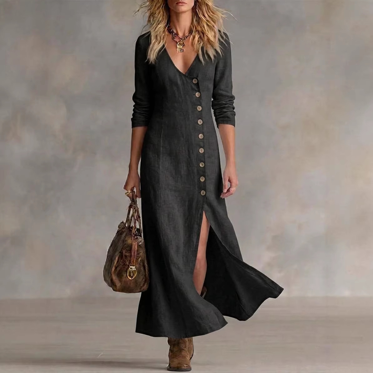  Long Multi-Button Fashion Cotton And Linen Dresses