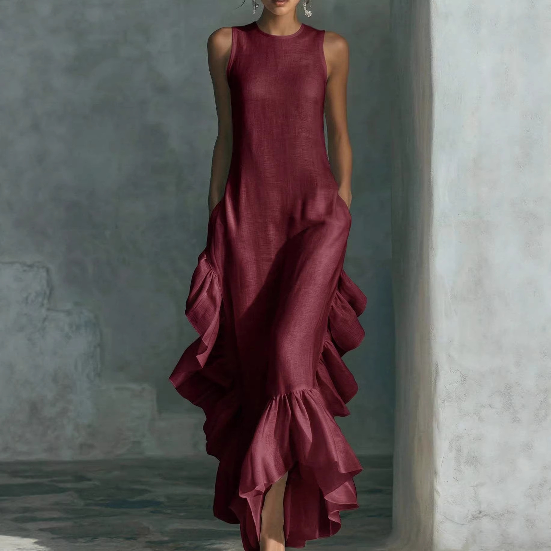 Sleeveless Ruffled Linen Maxi Dress