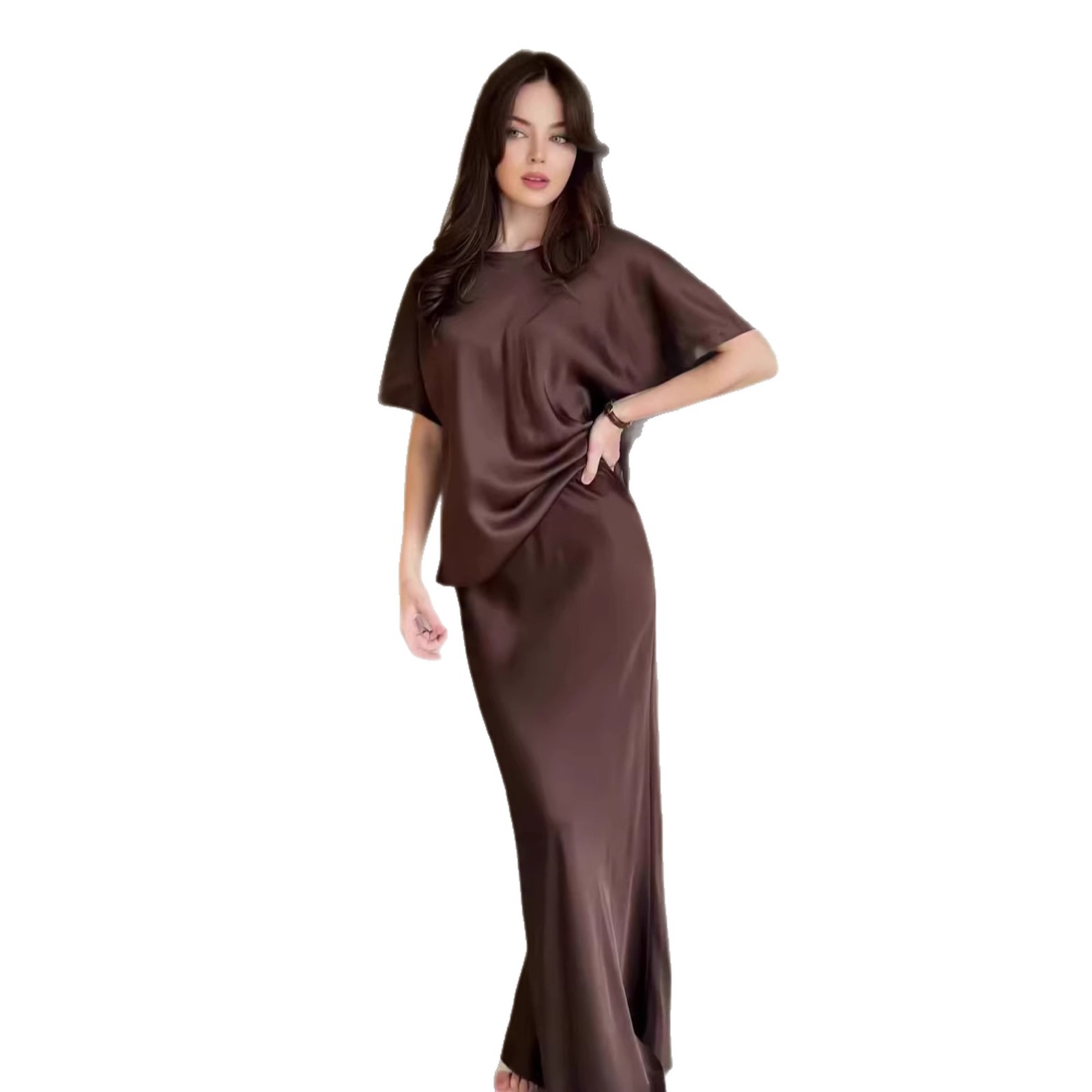 Solid Color Round Neck Short-Sleeved Casual Satin Temperament Skirt