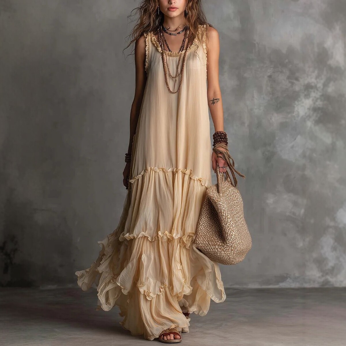 2026 New European And American Resort Style Sleeveless Long Skirt Women'S Heavy Industry Pleated Elegant Swing Dress Summer New Style