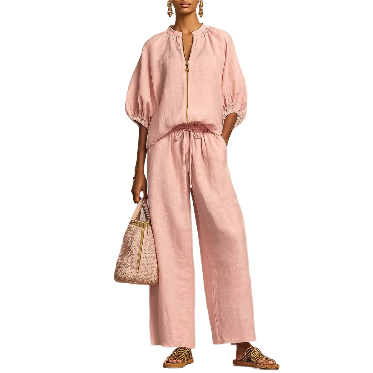 New Arrivals🔥 Stylish Cozy Zipper Shirt & Wide-Leg Pants Linen Cotton Two-Piece Set