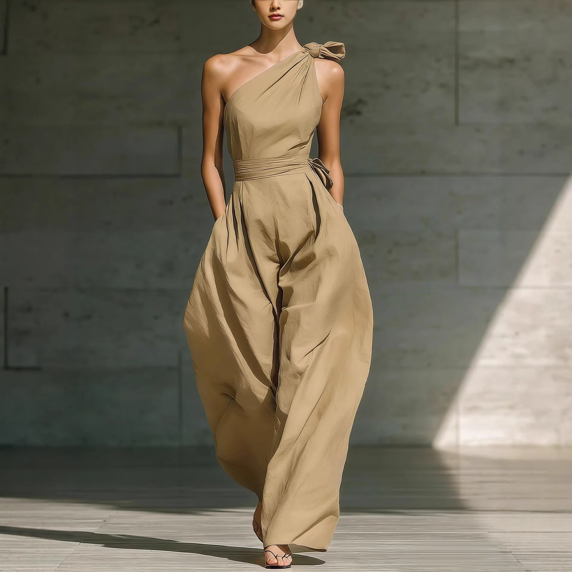 Sleeveless Slanted Shoulder Waist Jumpsuit