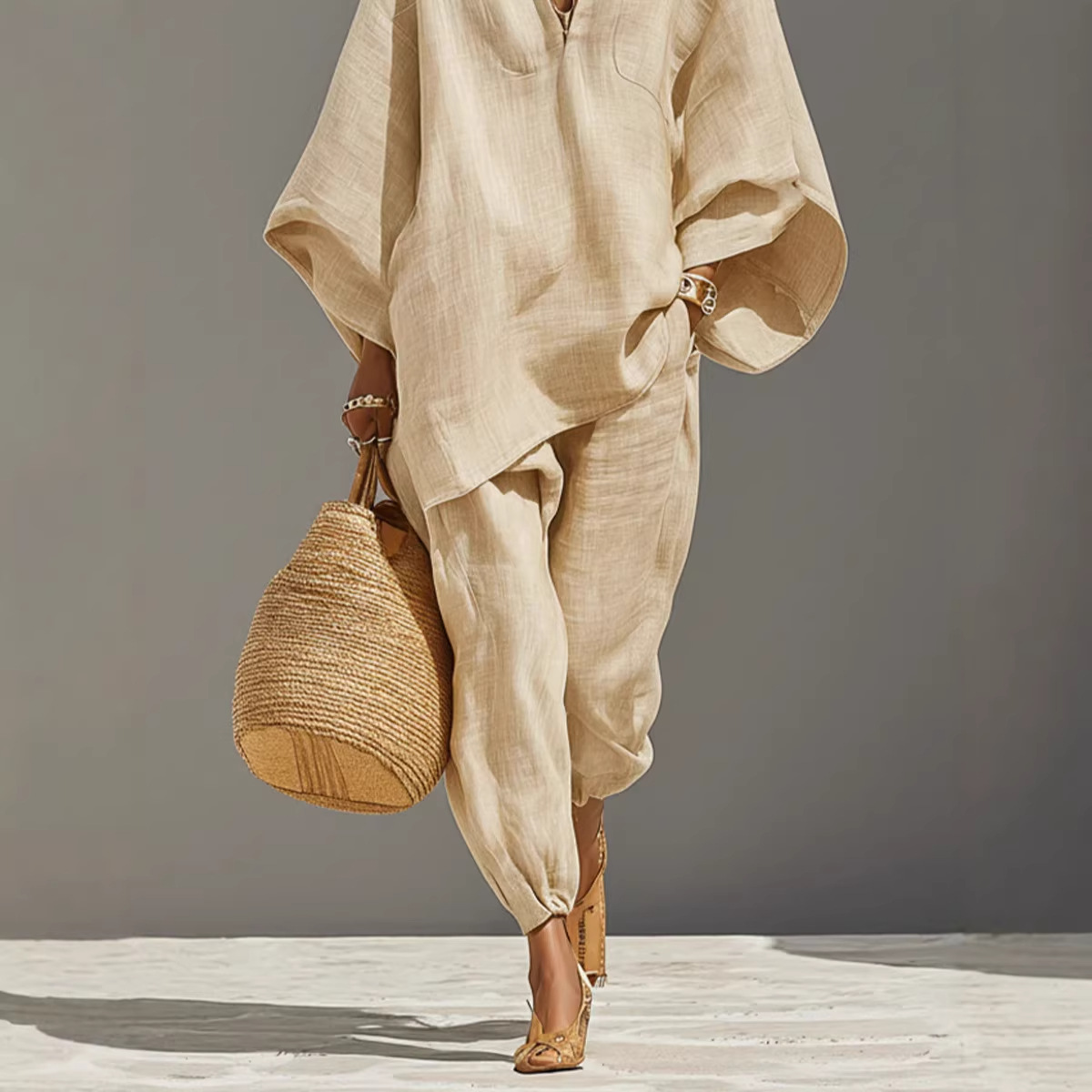 2026 Cross-Border European And American Spring And Summer Fashion Women'S Casual Style Design Bat Sleeves V-Neck Lazy Loose Suit