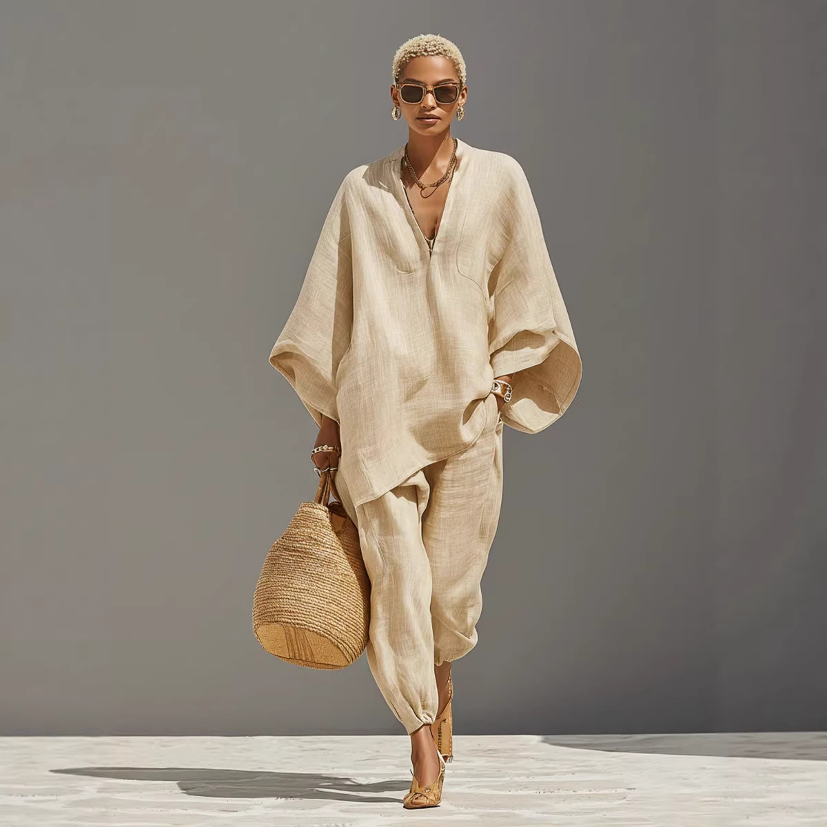2026 Cross-Border European And American Spring And Summer Fashion Women'S Casual Style Design Bat Sleeves V-Neck Lazy Loose Suit