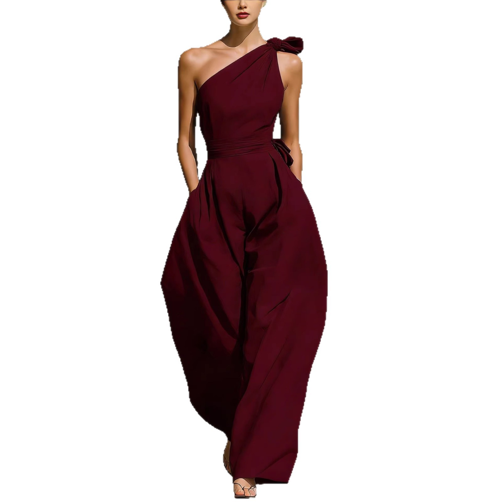 Sleeveless Slanted Shoulder Waist Jumpsuit
