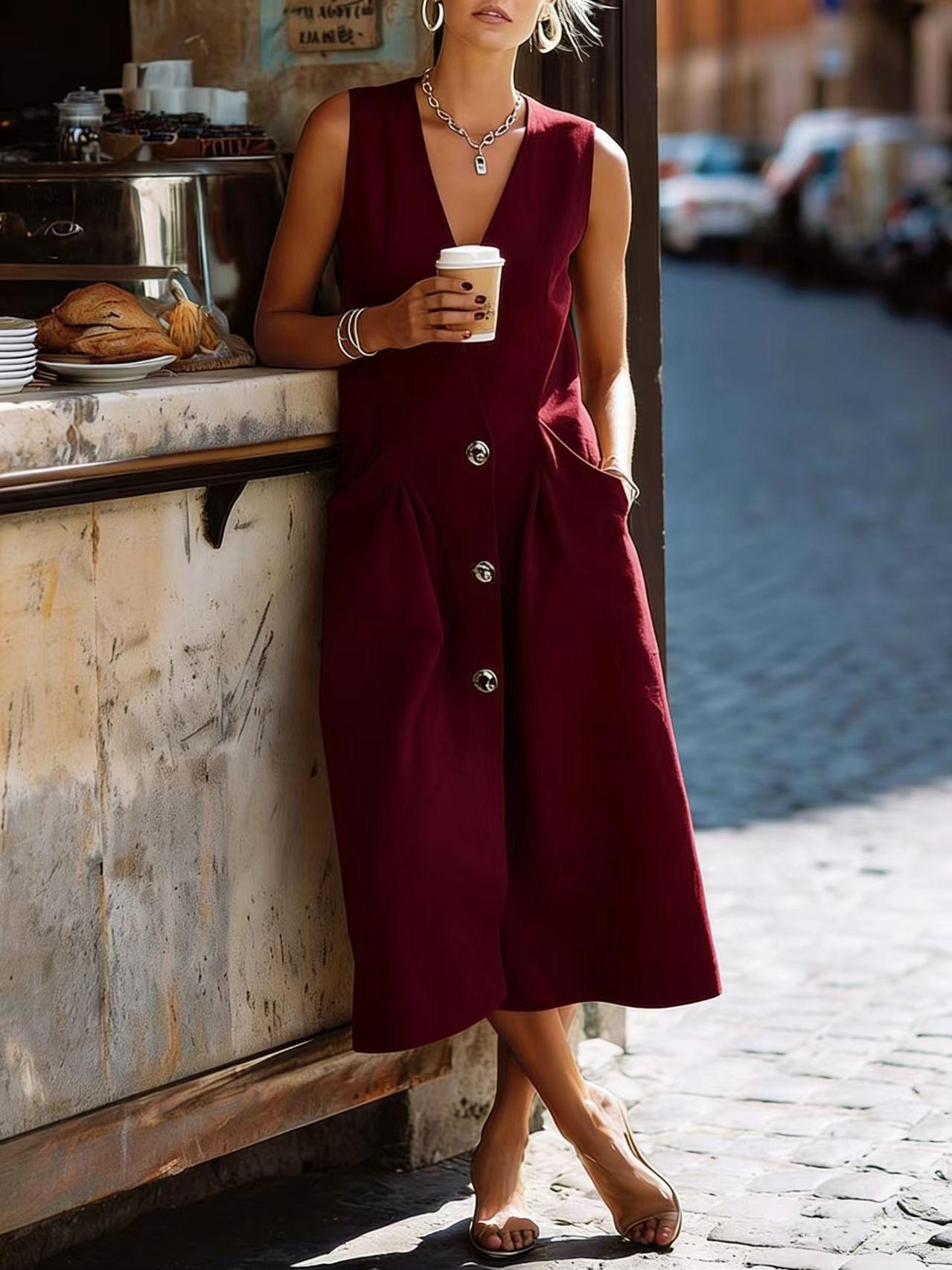 Sleeveless V-Neck Button-Front Midi Dress