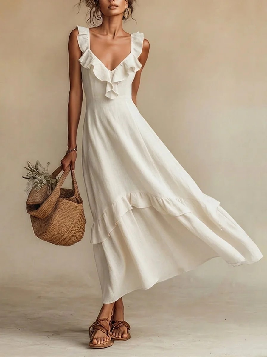 Ruffled Linen Blend Maxi Dress