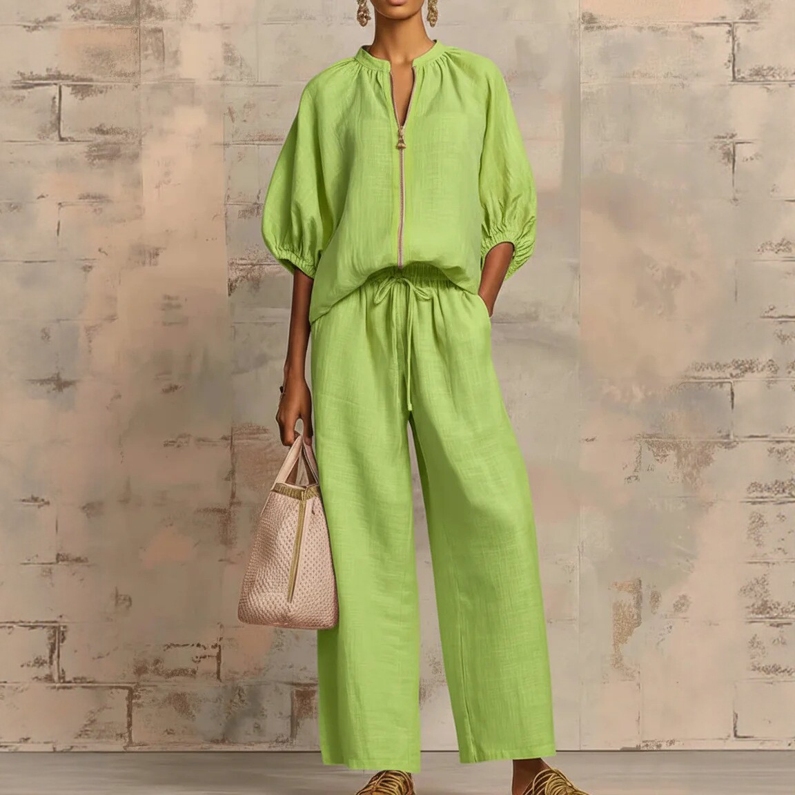 New Arrivals🔥 Stylish Cozy Zipper Shirt & Wide-Leg Pants Linen Cotton Two-Piece Set