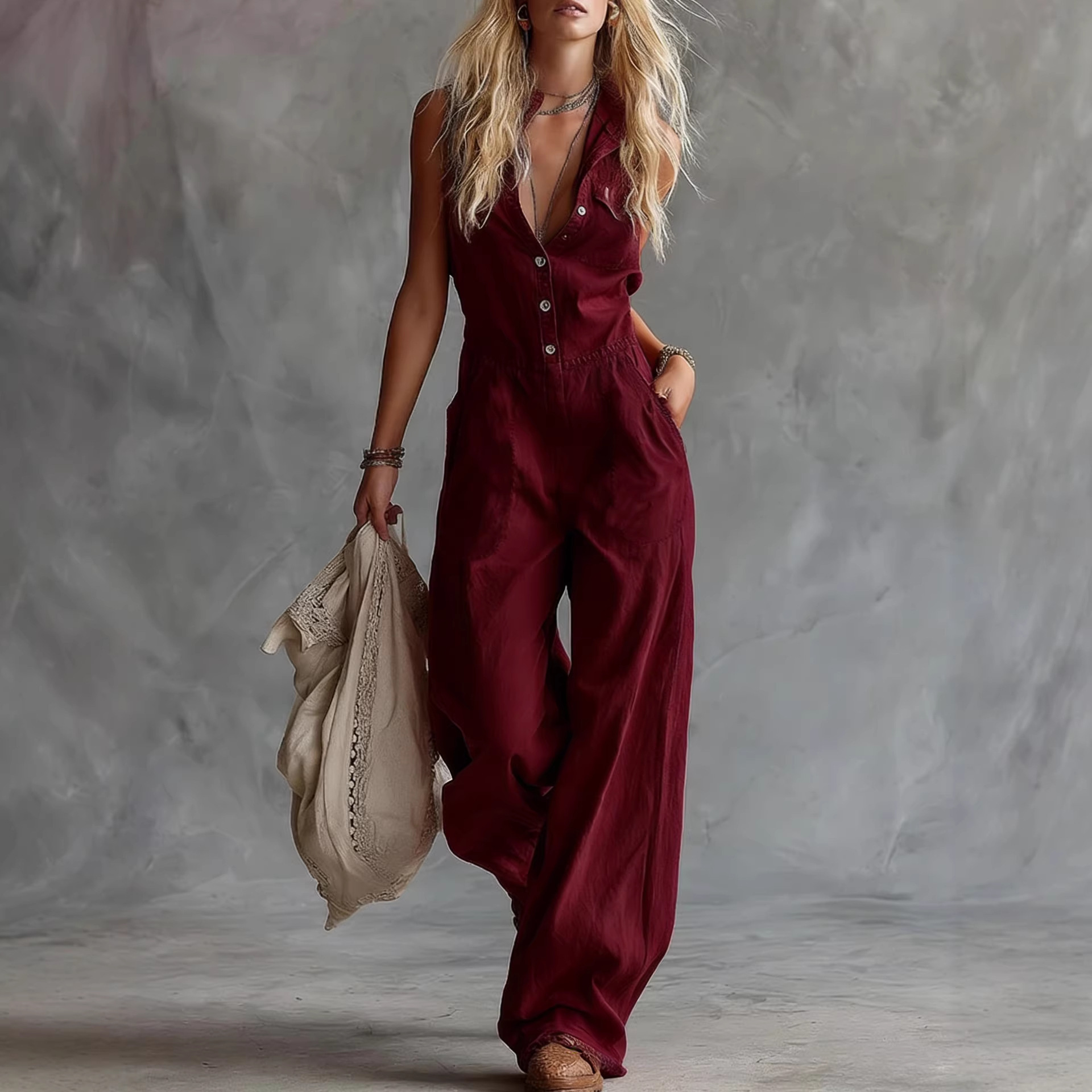 2026 New Amazon Independent Station European And American Casual Fashion Western Style V-Neck Front Button Sleeveless Linen Jumpsuit