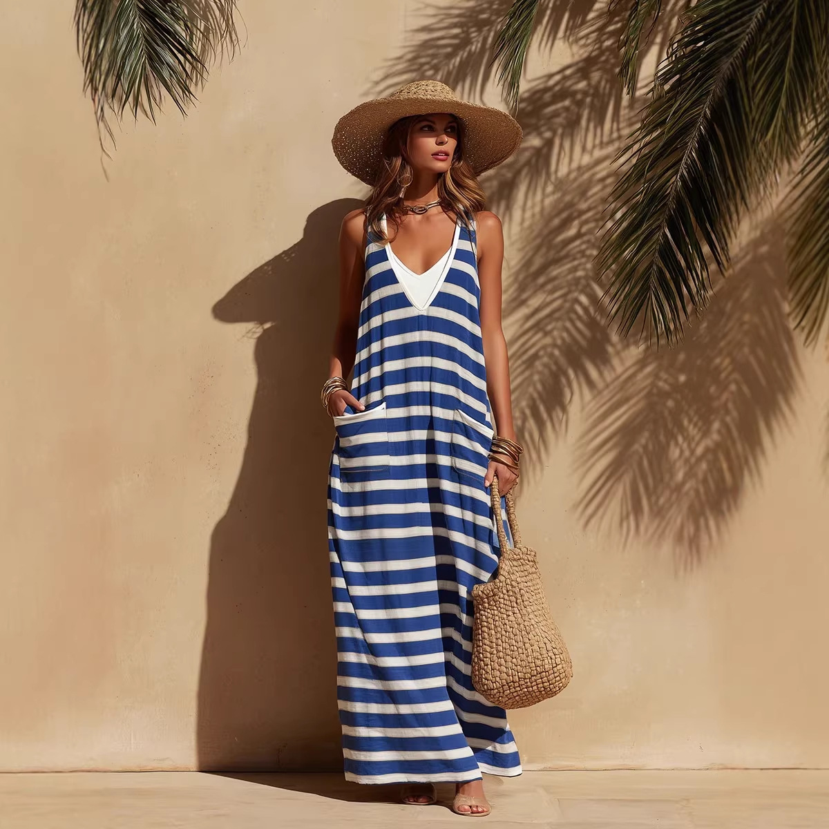 🌊 Blue & White Striped Sleeveless Maxi Dress