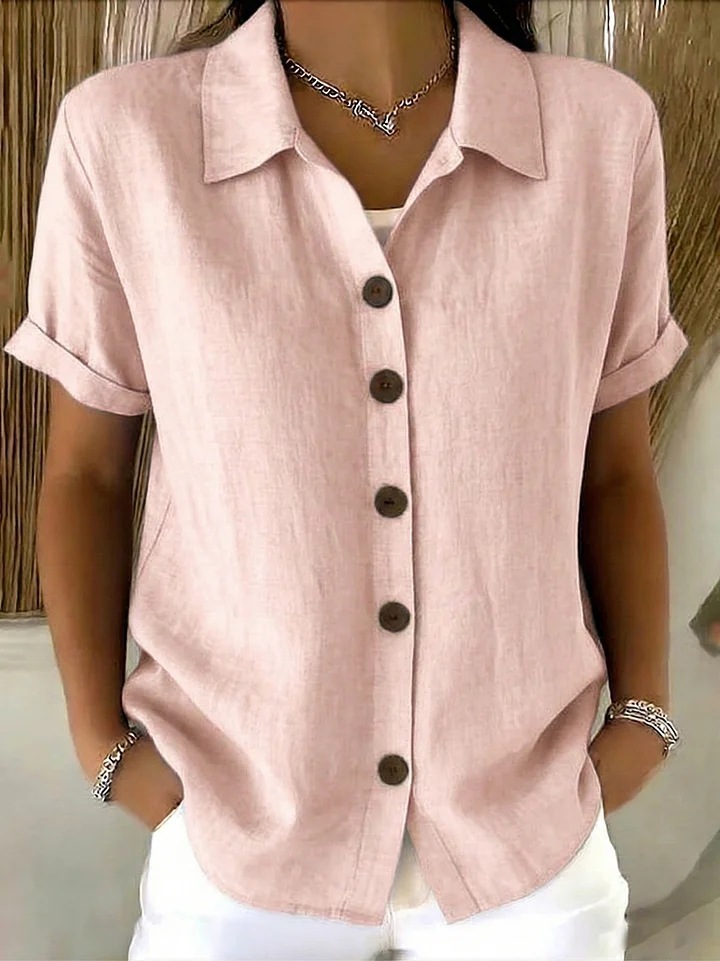 Women's Turn-Down Collar Short Sleeve Linen Shirt