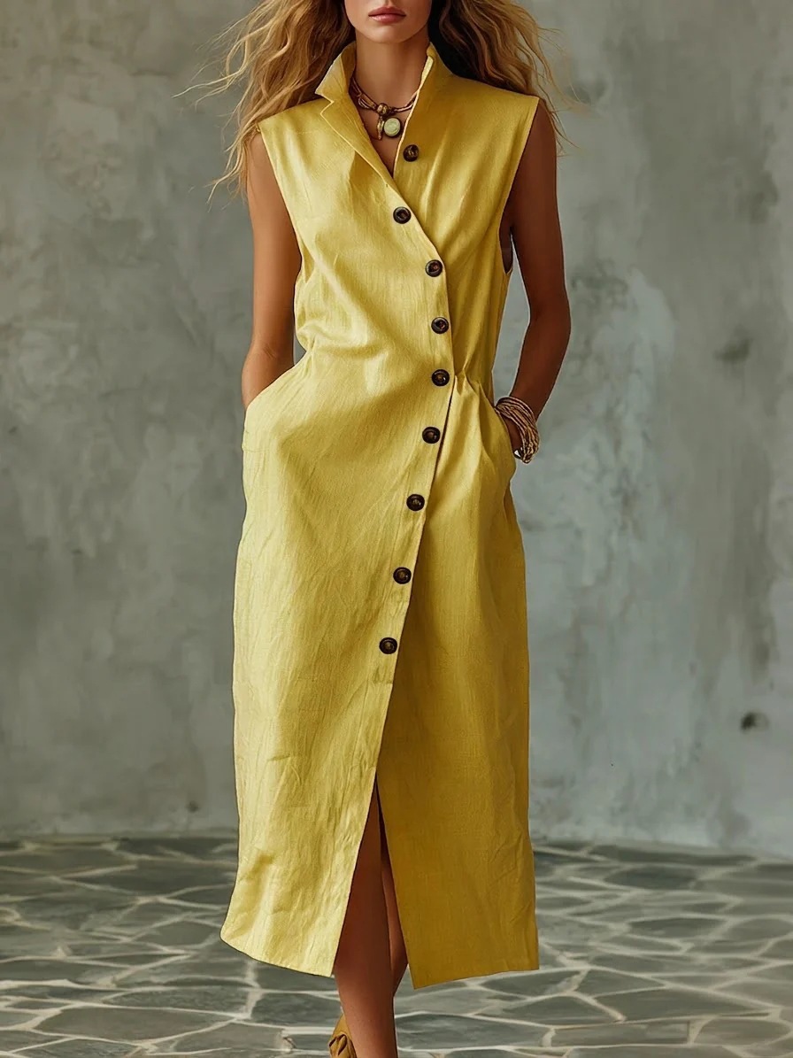 Sleeveless Linen-Blend Button-Down Midi Dress