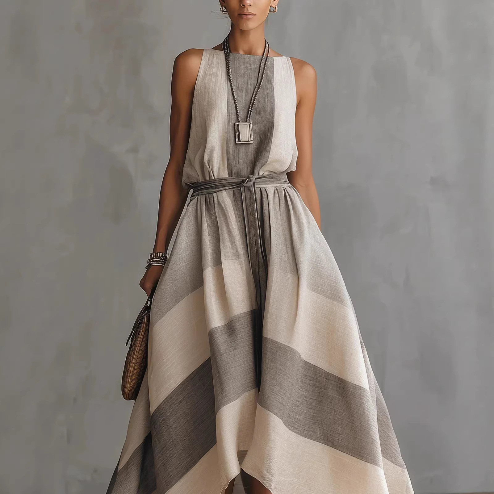 Linen Blend Striped Sleeveless Maxi Dress 
