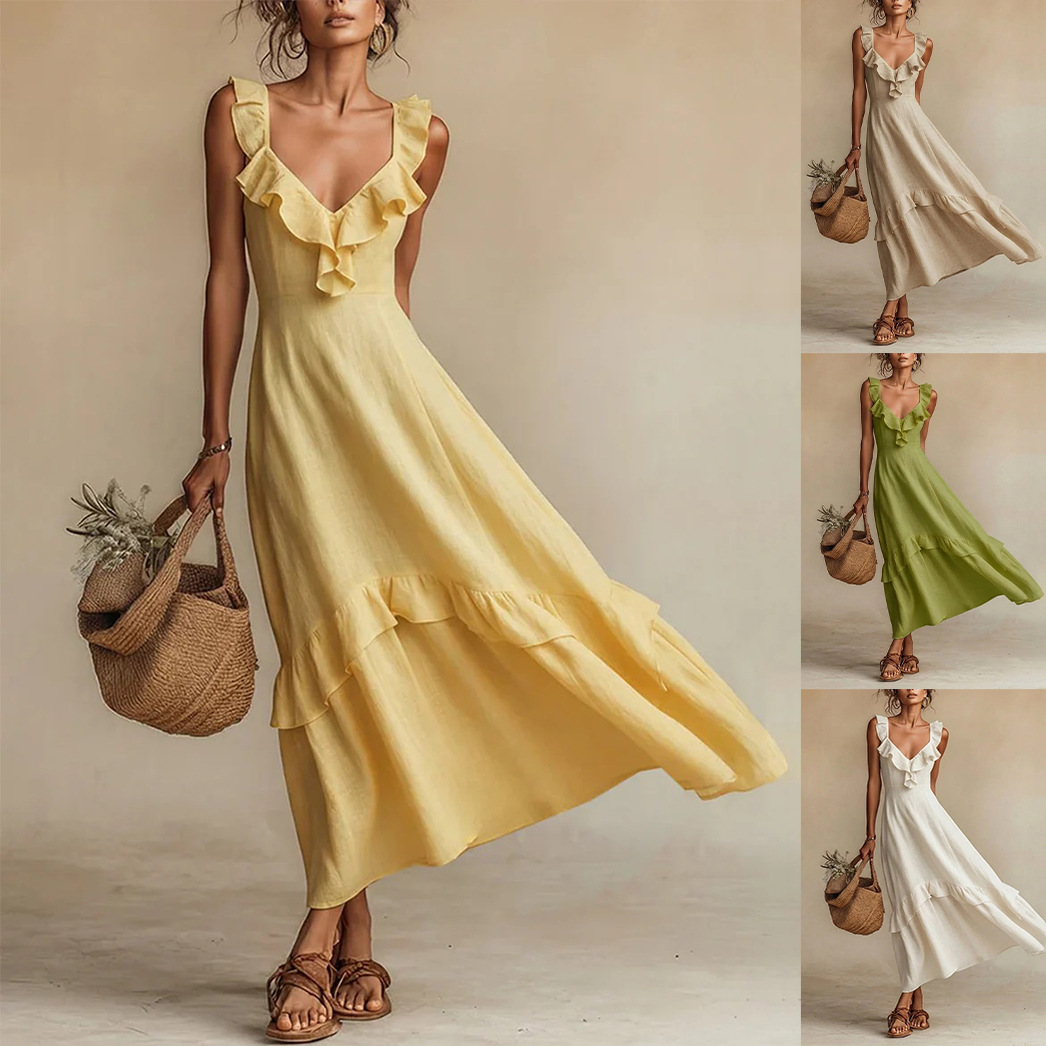 Ruffled Linen Blend Maxi Dress