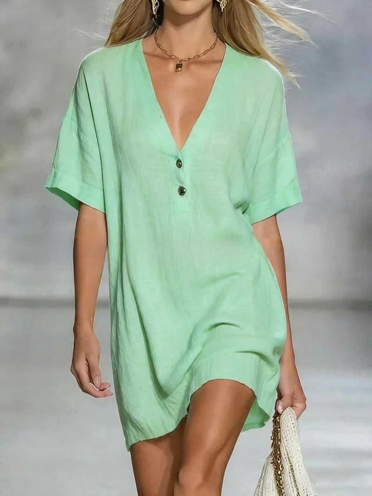 🌿 Effortless Chic Linen-Blend V-Neck Shirt Dress
