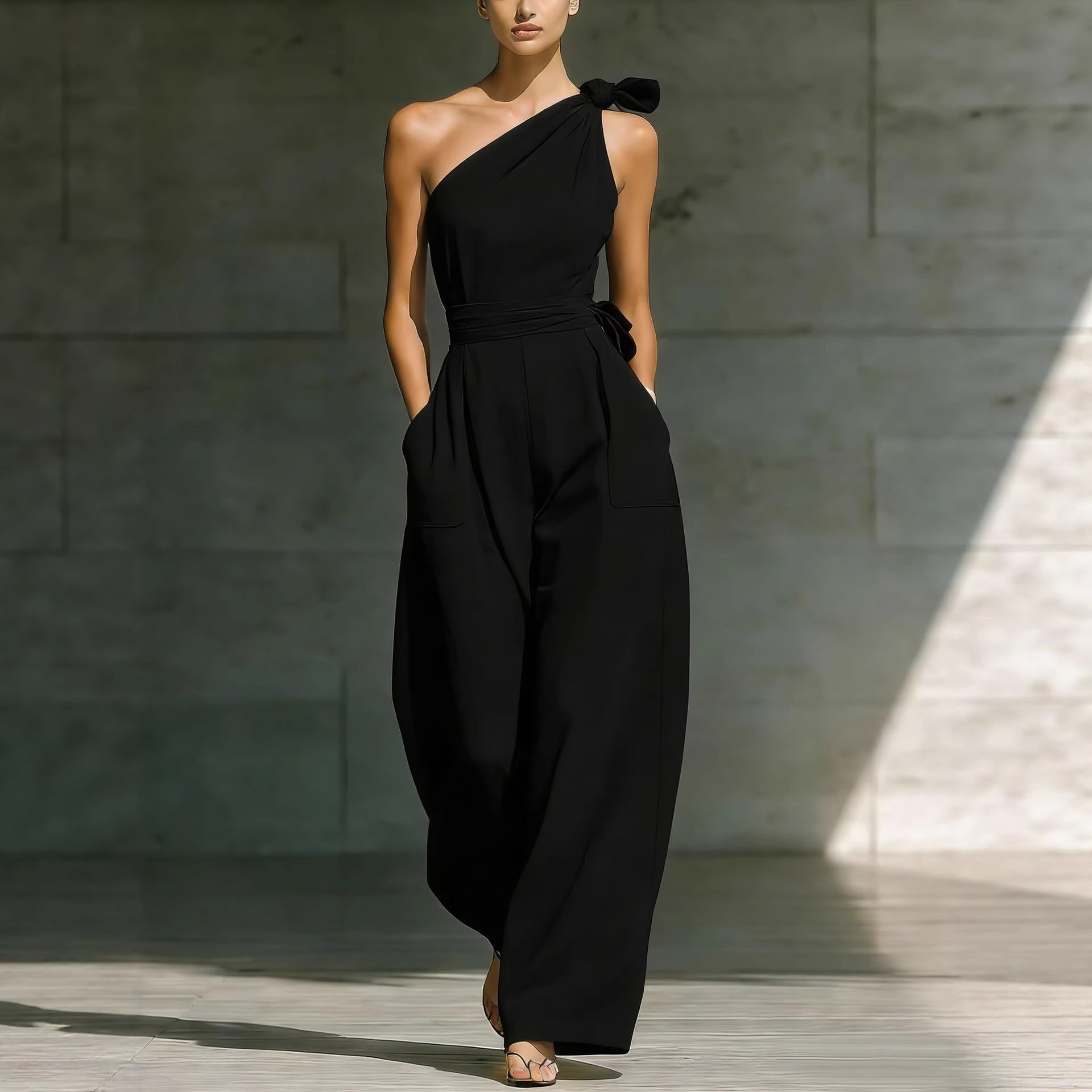 Sleeveless Slanted Shoulder Waist Jumpsuit