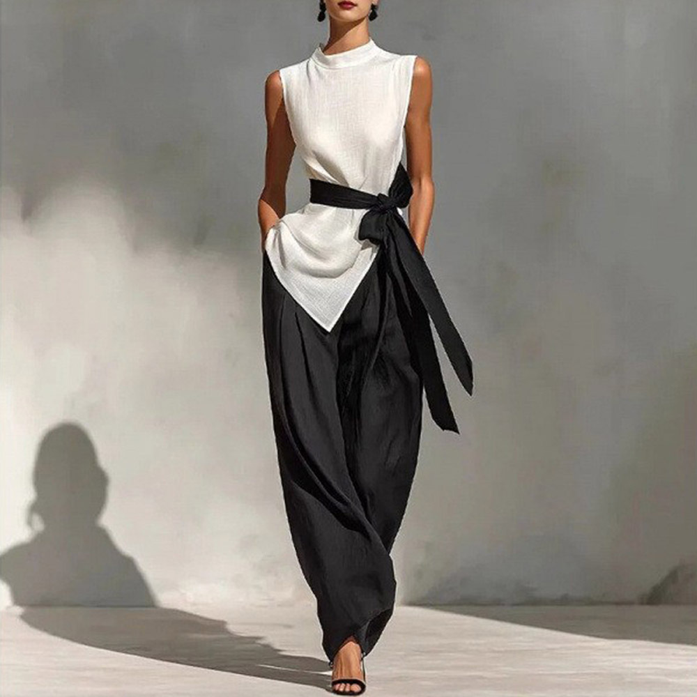 Women'S Lace-Up Sleeveless Contrasting Color Suit Top + Wide Leg Pants Two-Piece Set