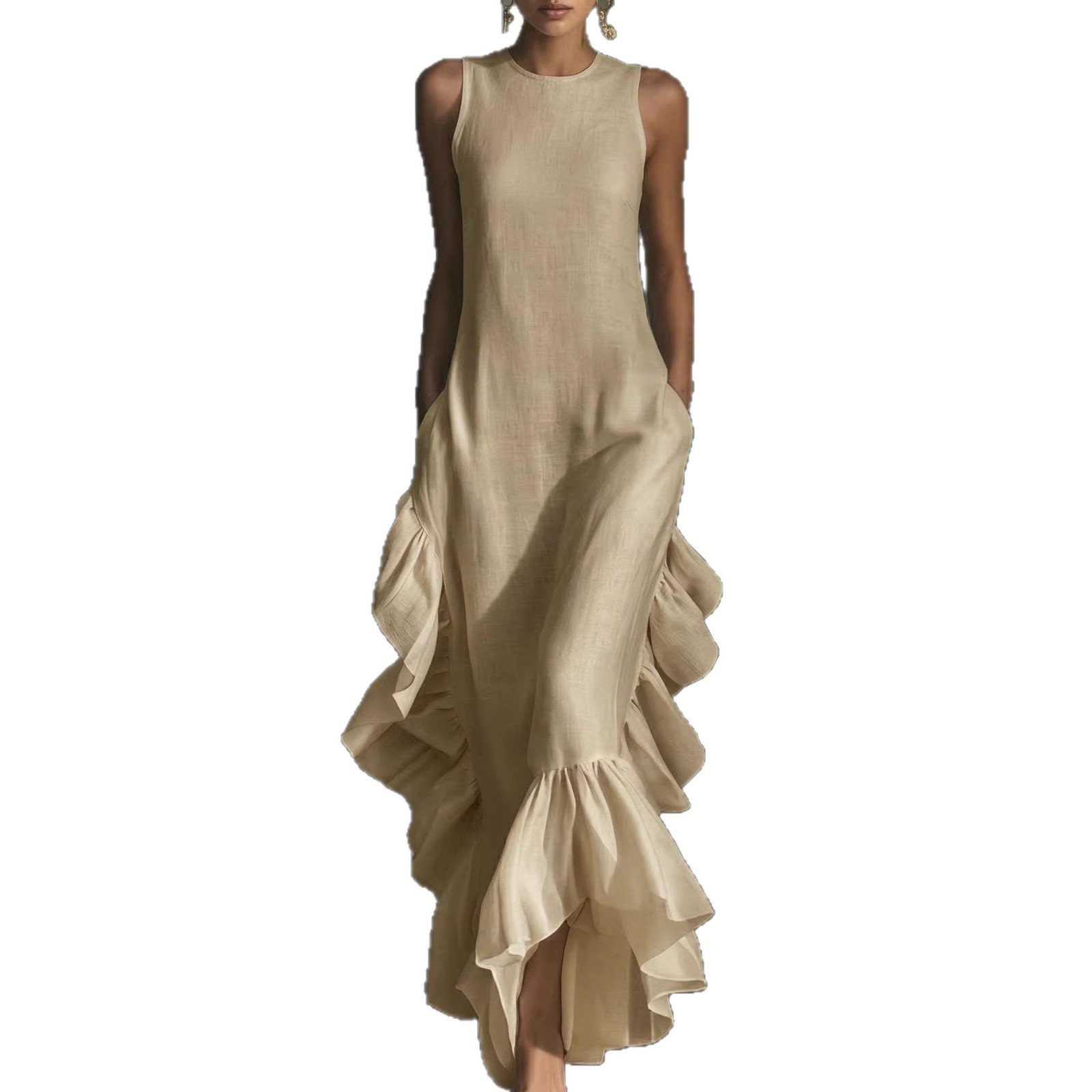 Sleeveless Ruffled Linen Maxi Dress